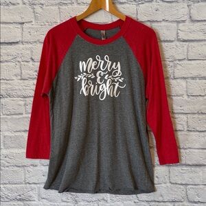 Christmas Raglan Tee Shirt Merry and Bright Red Gray 3/4 Length Sleeves Size Med